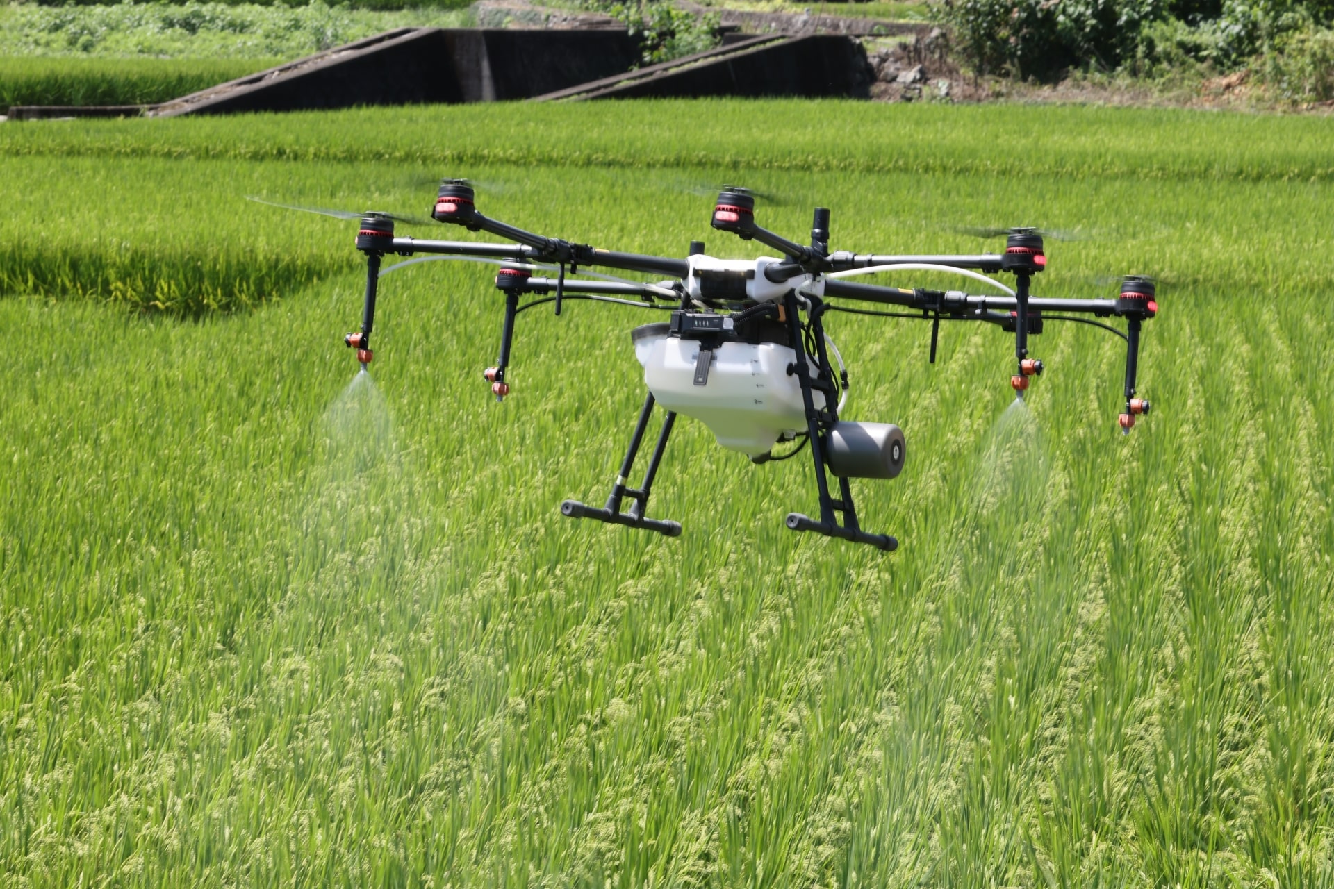 田んぼで空撮や散布するドローン機体